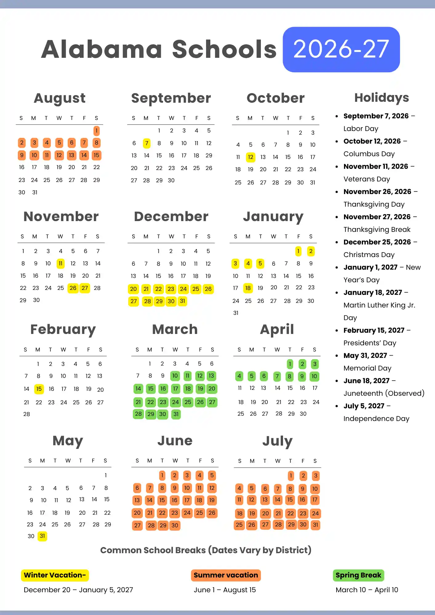 Alabama School Calendar 2