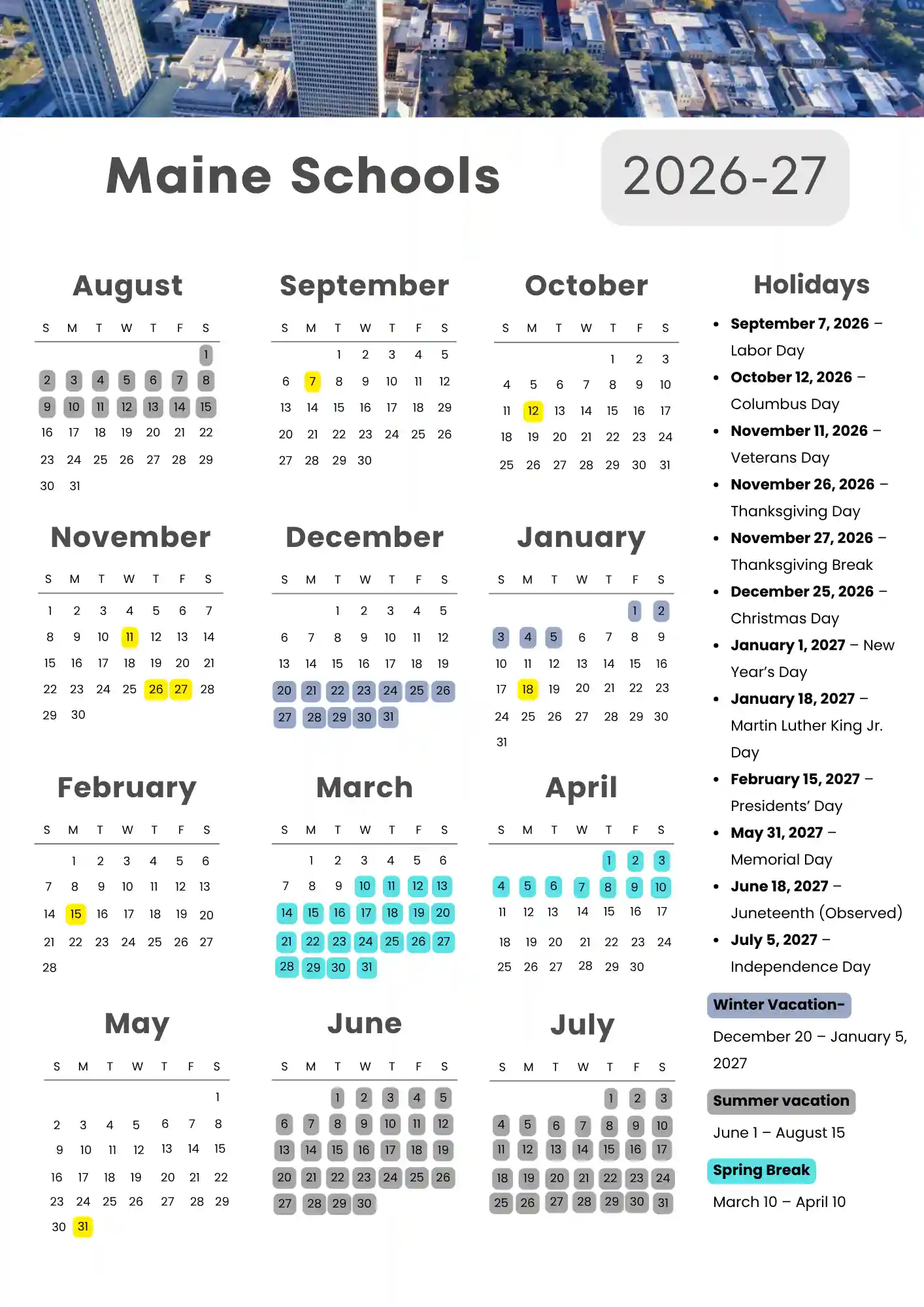 Maine School Calendar 1