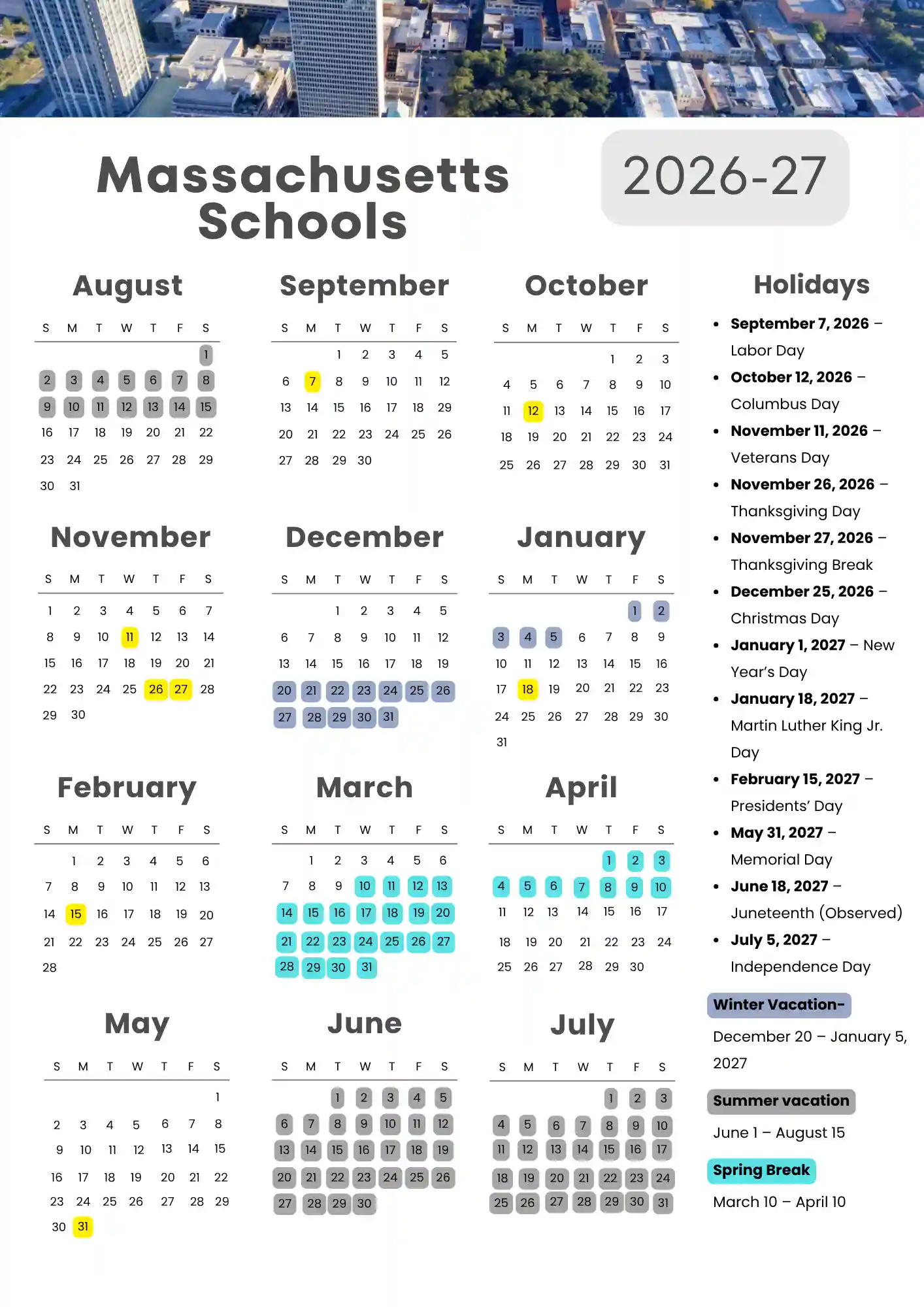 Massachusetts School Calendar 1