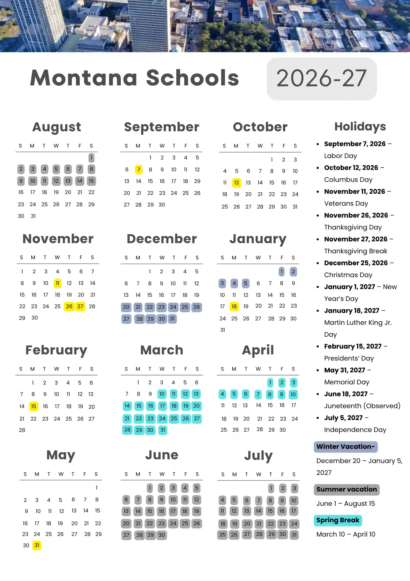 Montana School Calendar 1