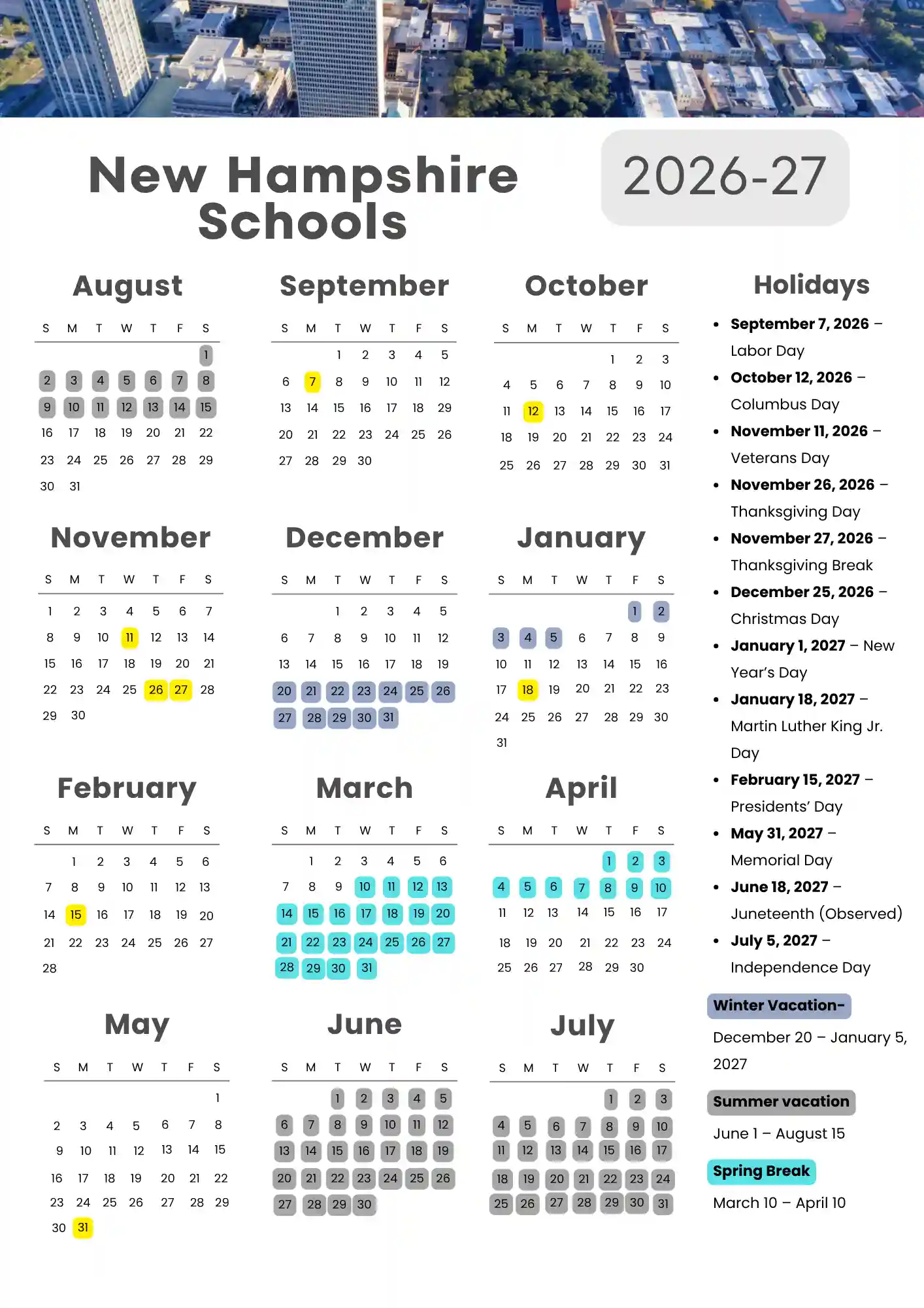 New Hampshire School Calendar 1