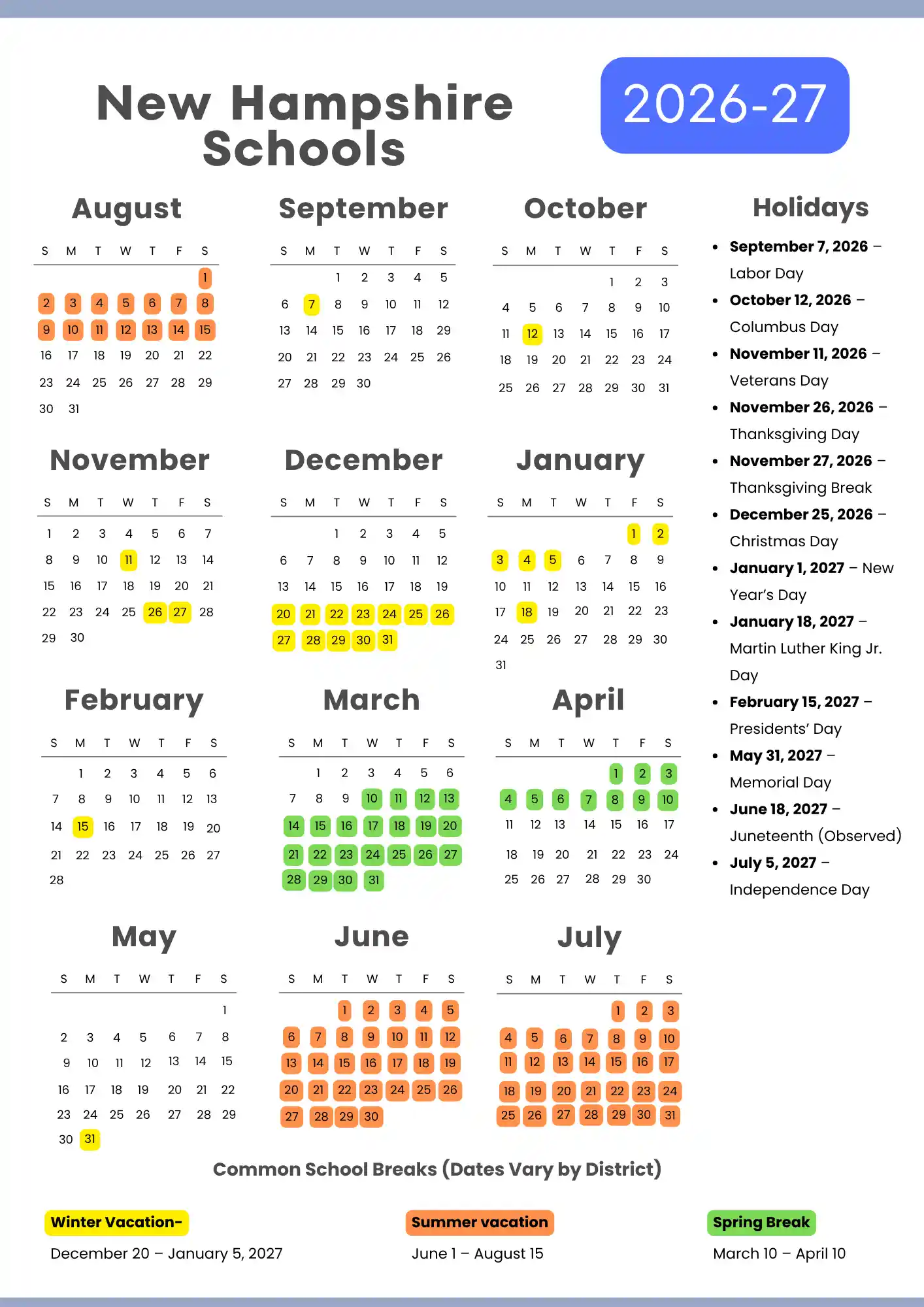 New Hampshire School Calendar 2