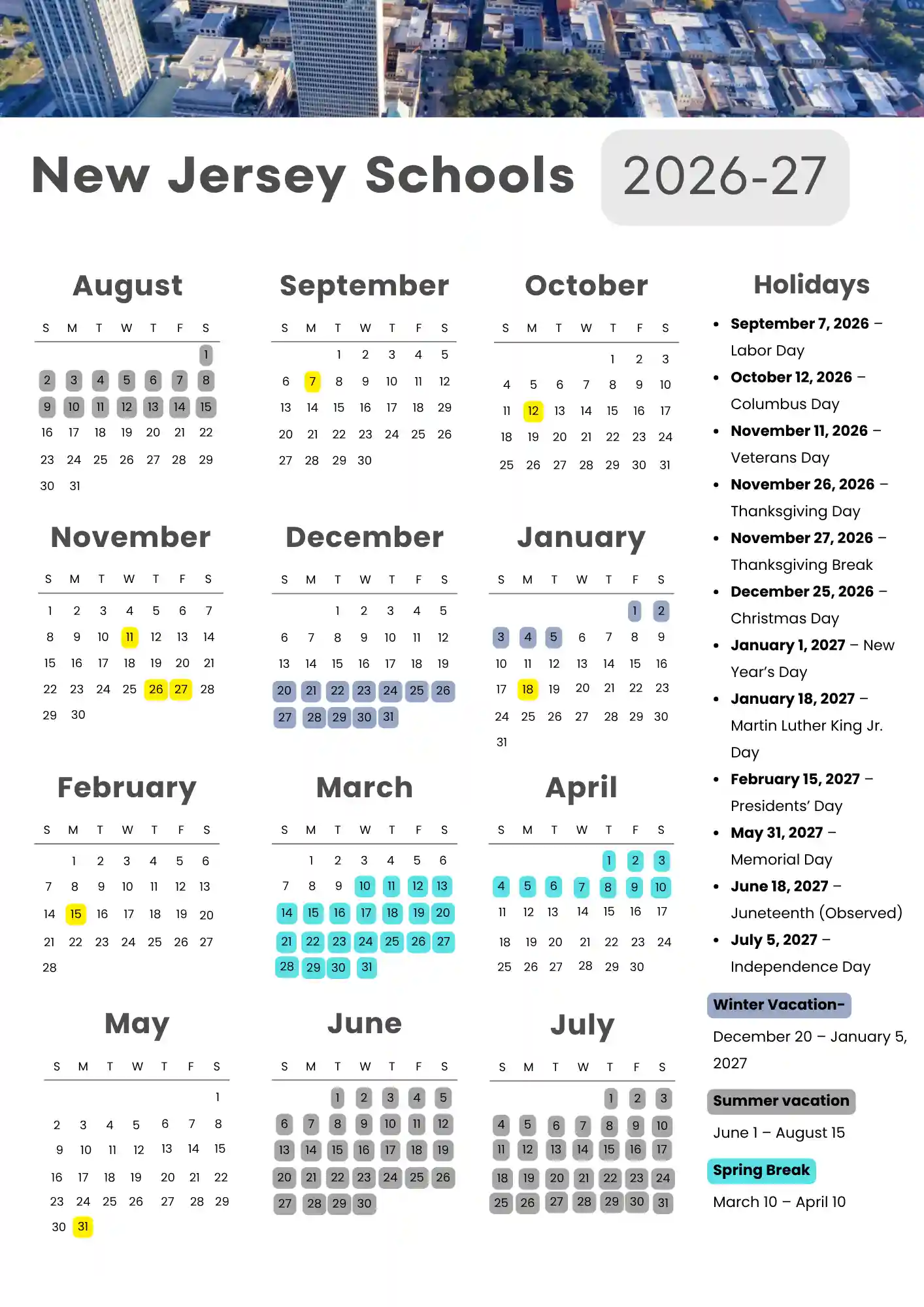 New Jersey School Calendar 1