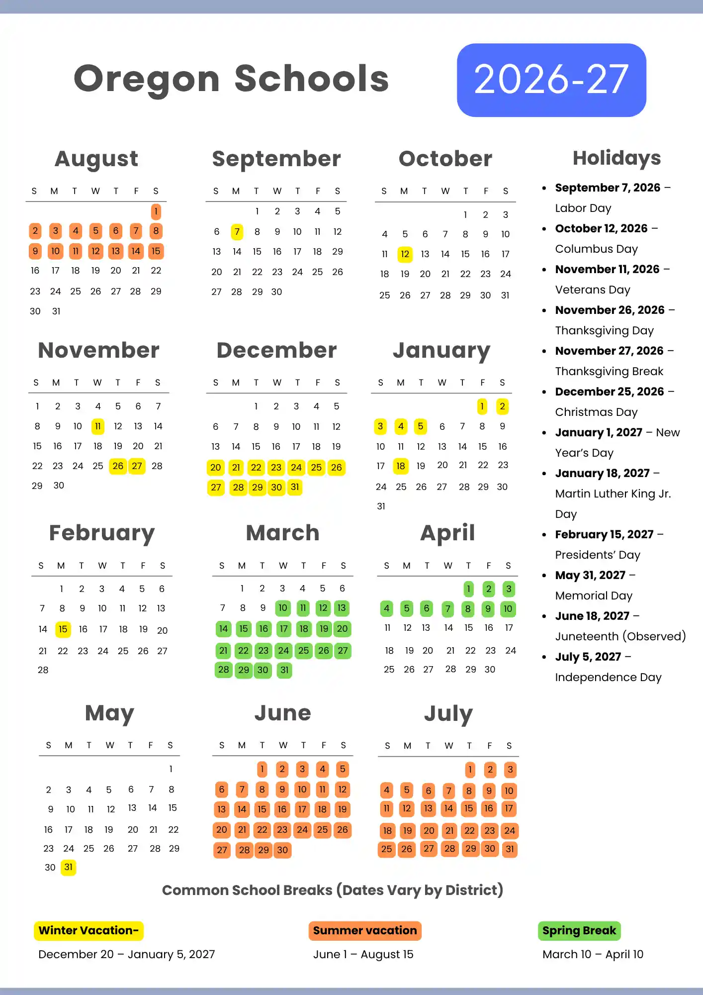 Oregon School Calendar 2