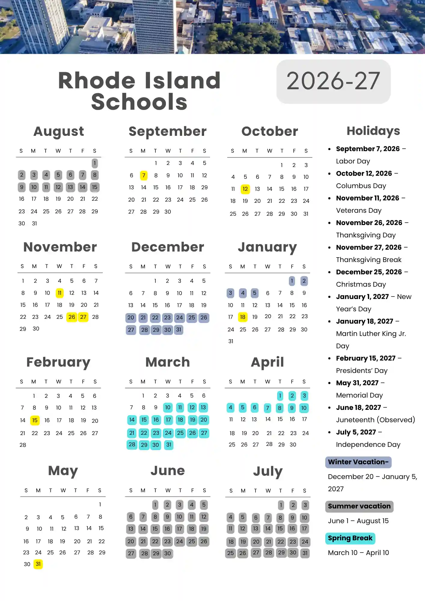 Rhode Island School Calendar 1