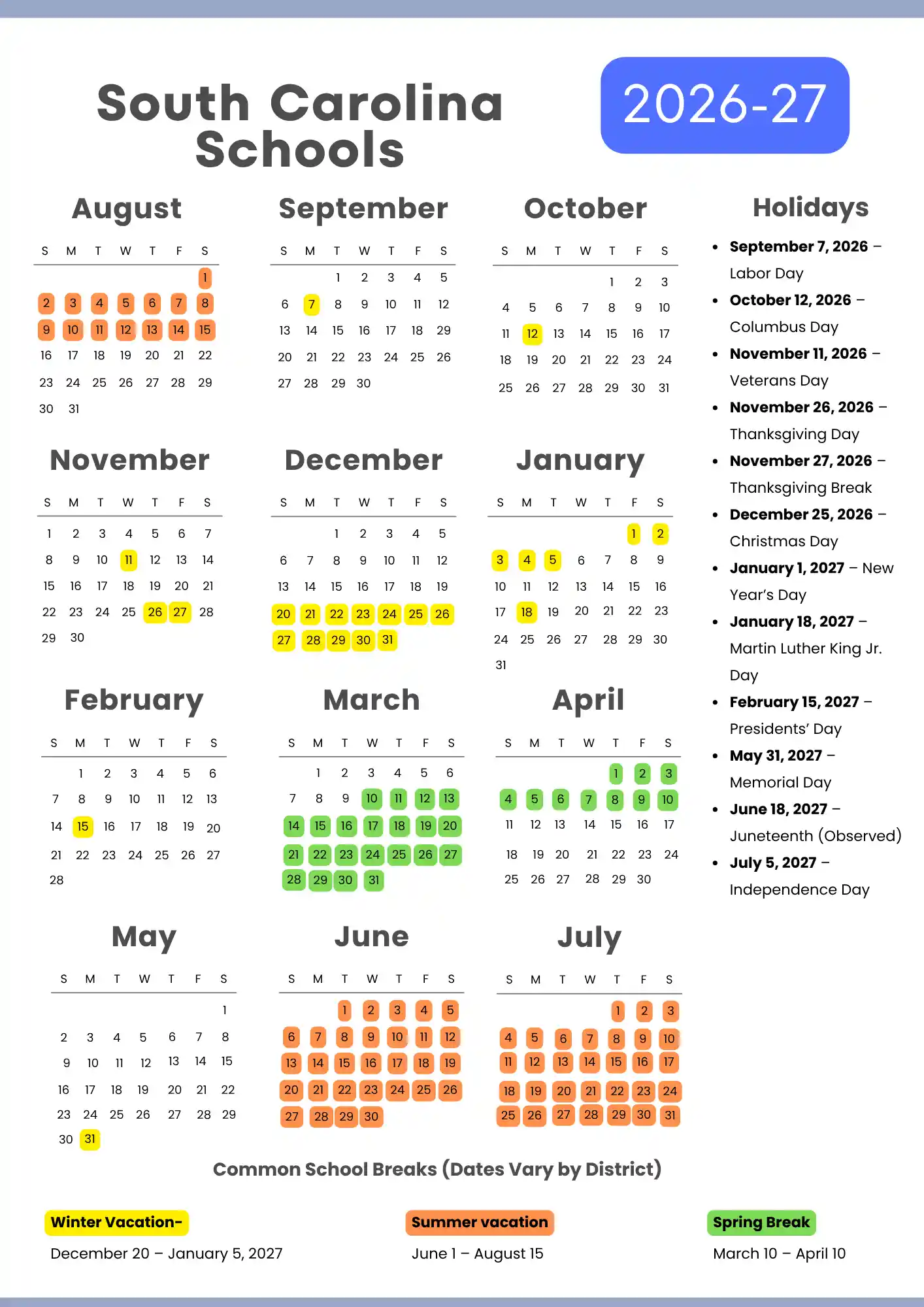 South Carolina School Calendar 2