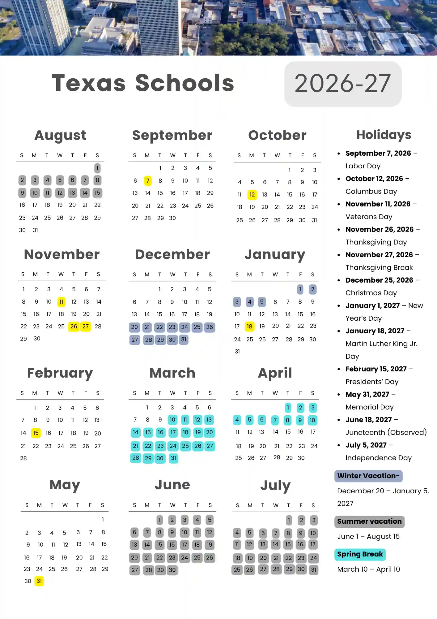Texas School Calendar 1