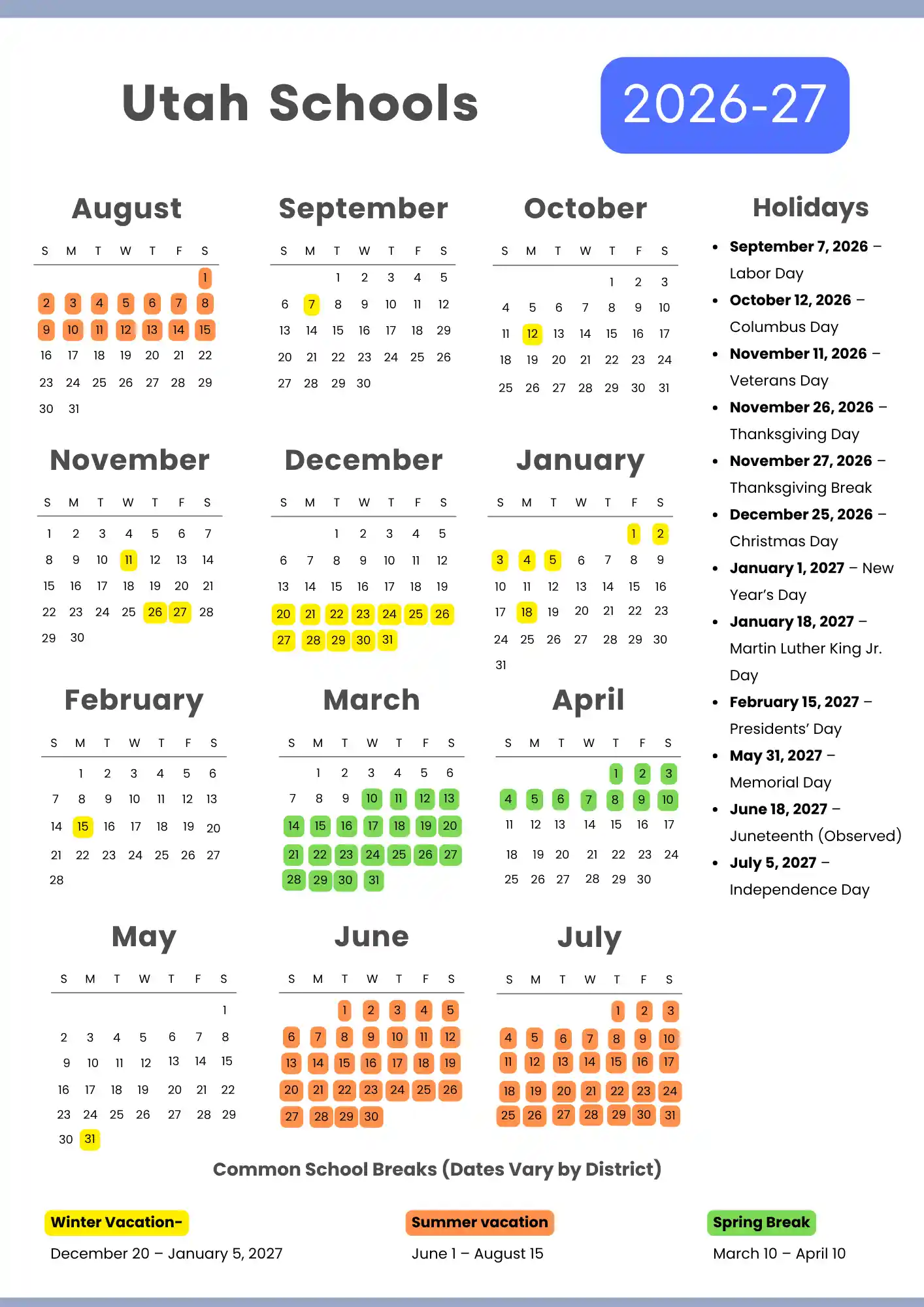 Utah School Calendar 2