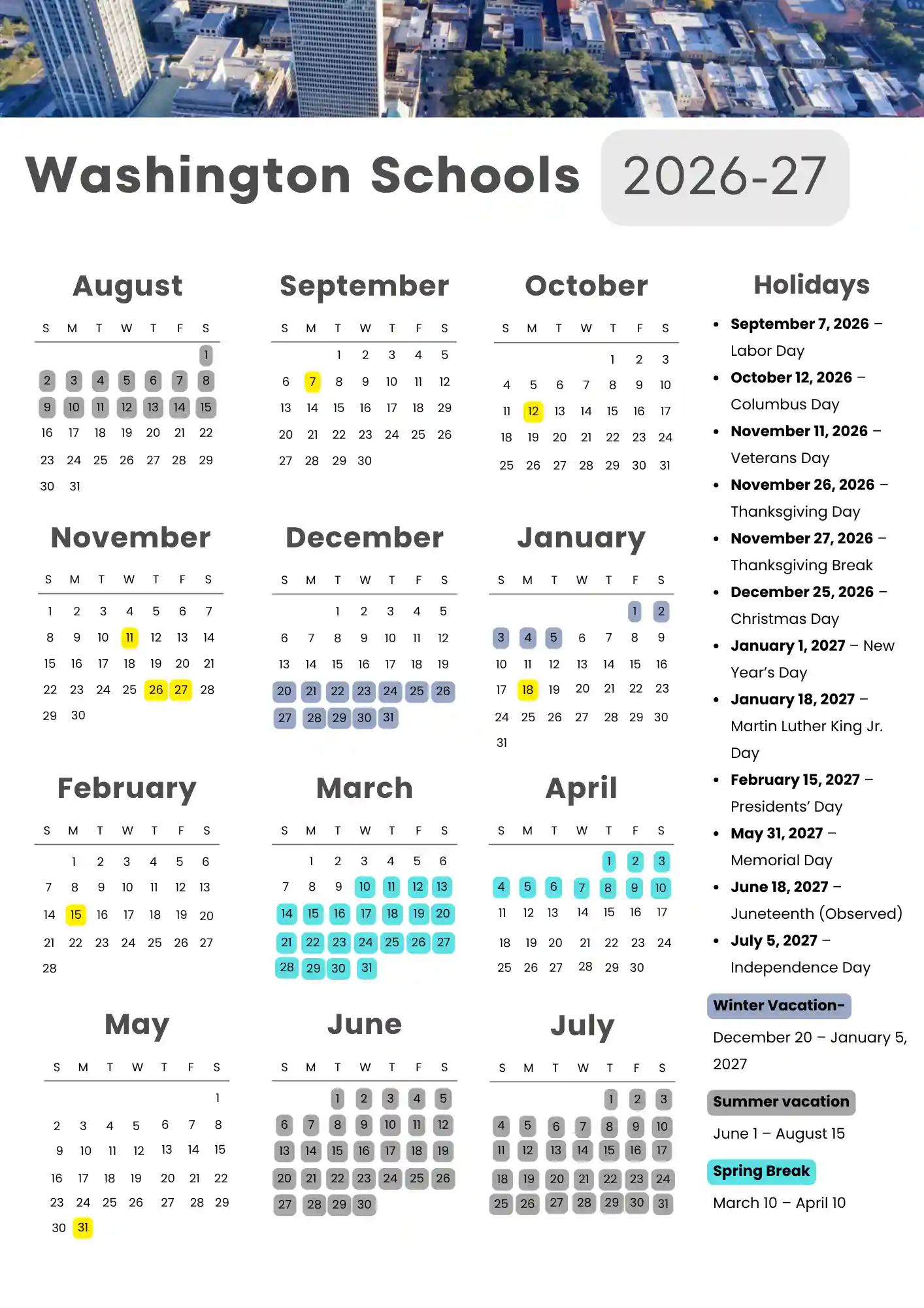 Washington School Calendar 1