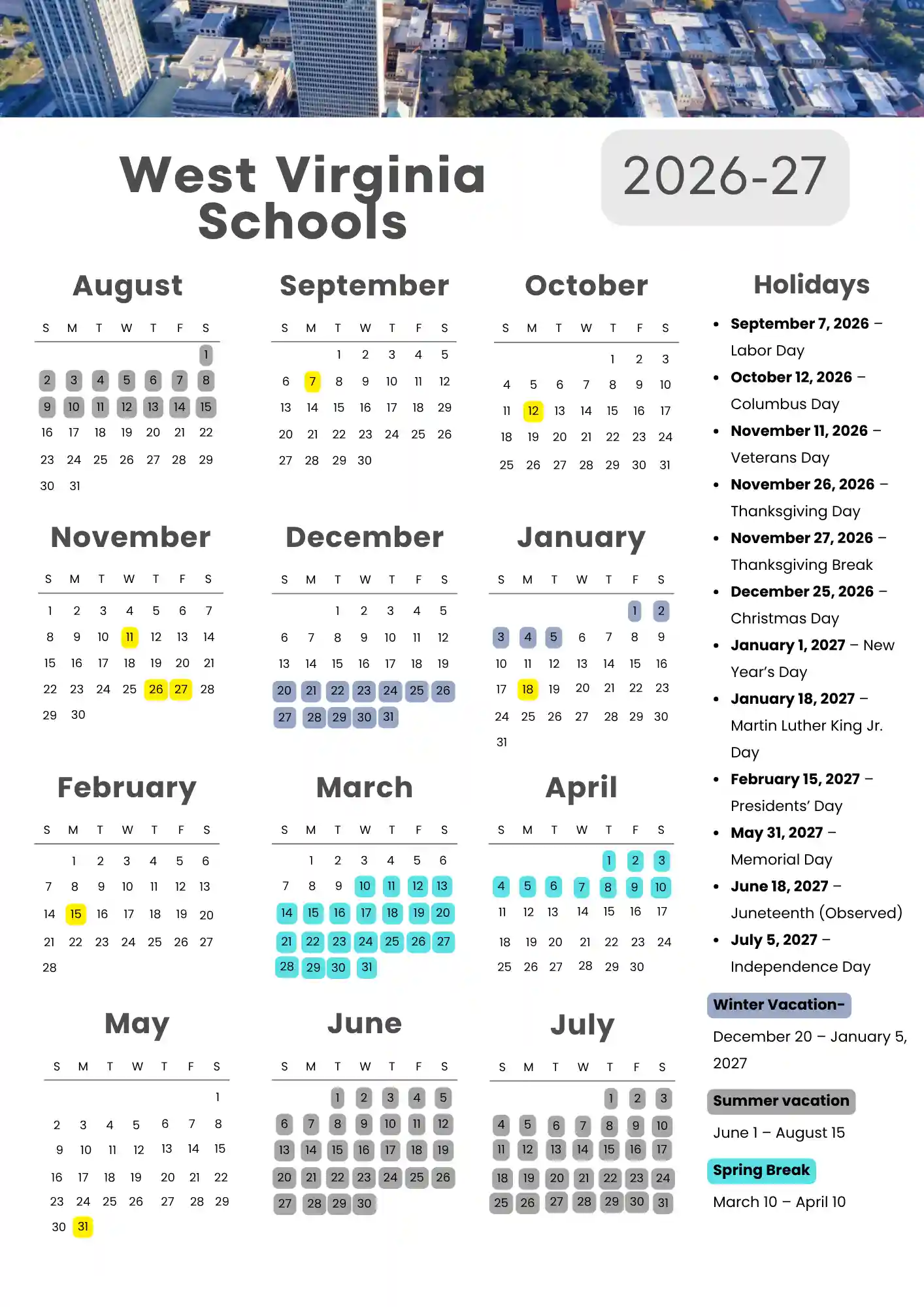 West Virginia School Calendar 1
